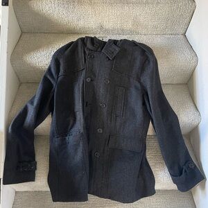 Men's Black Wool Hooded Peacoat Jacket - Used